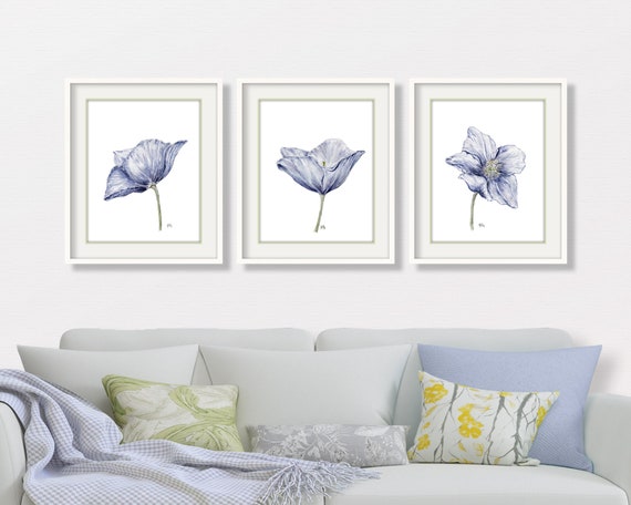 Flower Watercolor Paintings Modern Flower Art Minimalist Flower Prints Blue Flower Painting Floral Wall Art Floral Wall Decor Poppy Set of 3