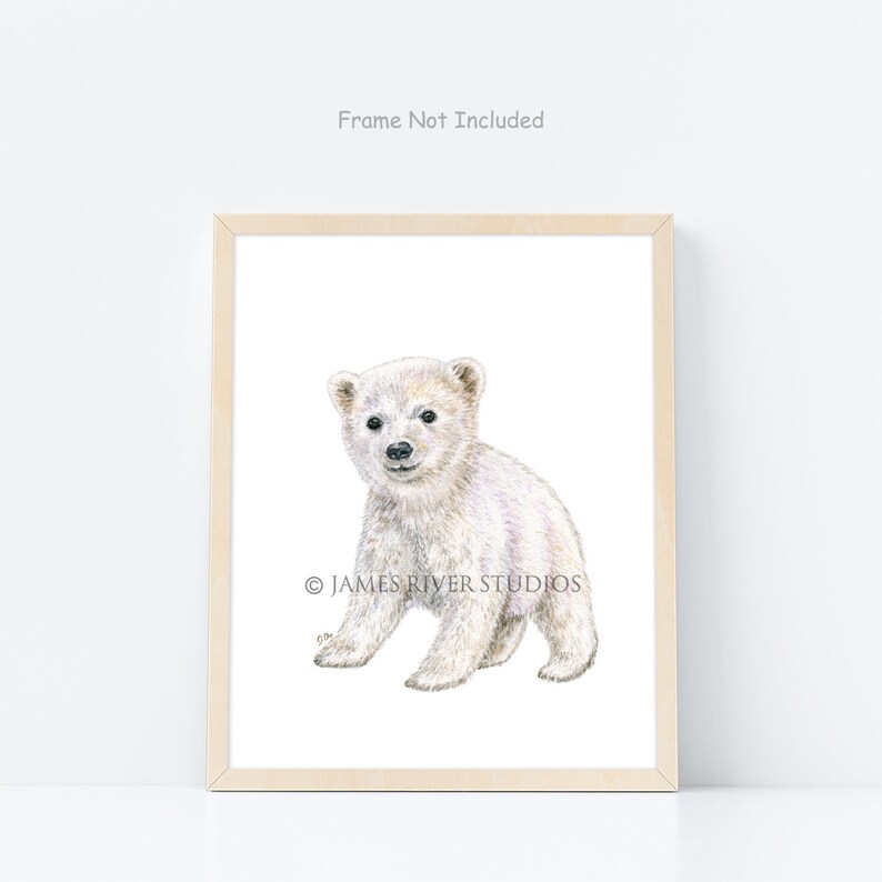 May include: A framed print featuring a watercolor illustration of a polar bear cub. The cub is depicted in white and light grey tones, with a soft, fluffy appearance. The print is in a light wood frame, with the text "Frame Not Included" at the top.