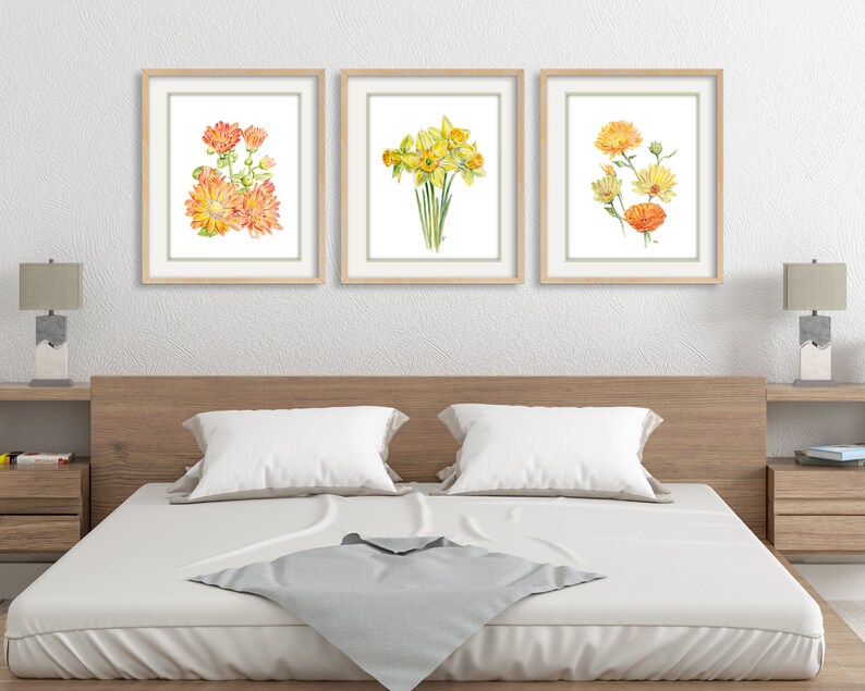 Yellow Flower Painting Flower Watercolor Flower Print Yellow Floral Painting Floral Watercolor Floral Prints Daffodil Coreopsis Mum Set of 3 image 2