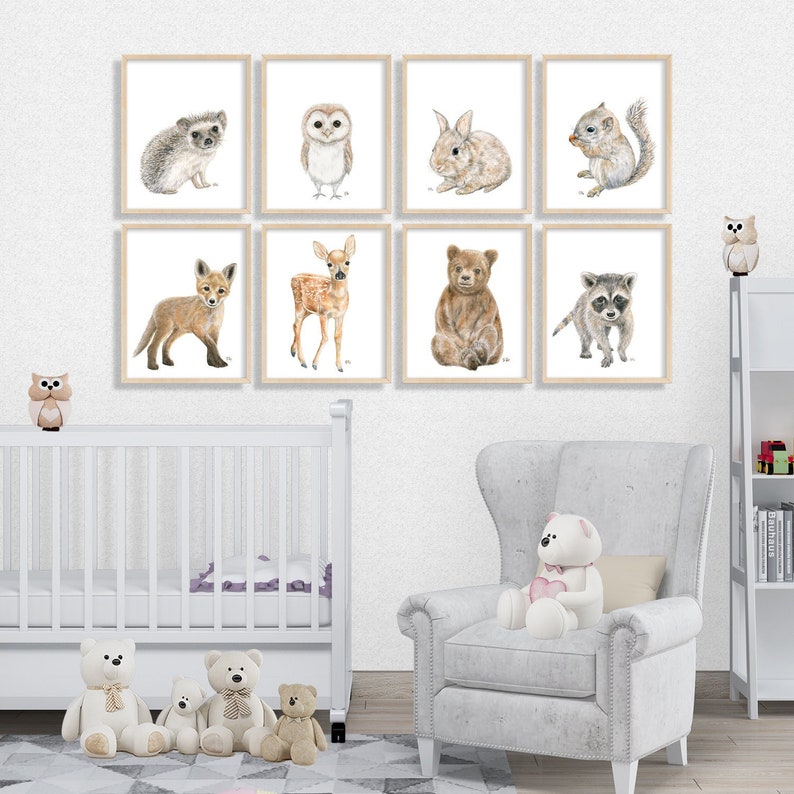 Woodland Nursery Decor Woodland Nursery Prints Set 8 Baby Woodland Animal Nursery Wall Art Bear Deer Fox Bunny Raccoon Owl Hedgehog Squirrel image 1