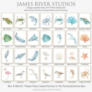May include: A collection of 18 watercolor paintings featuring various sea creatures and coastal elements. The paintings are arranged in a grid with white borders and are labeled with their names. The names include Sea Turtle, Crab, Dolphin, Octopus, Blue Crab, Blue Coral, Blue Sea Turtle, Fish, Whaledown2, Sharki, Blue Fish, Blue Seahorse, Blue Seagull3, Coral, Heron, Shark2, Whaleup1, Shells, Sand Dollar, Sandy Shells, Starfish, Flamingo, Seagull2, Seagull3, Seagull1, Sandpiper, Seahorse, and Sandy Octopus. The text "Mix & Match! Please Note Substitutions in the Personalization Box" is at the bottom of the image.