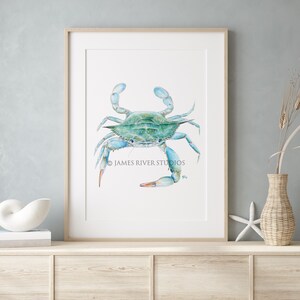 Op de afbeelding: Waterverf schilderij van een blauwe krab op een witte achtergrond. De krab kijkt naar de kijker met zijn klauwen omhoog. Het schilderij is ingelijst in een licht houten lijst.