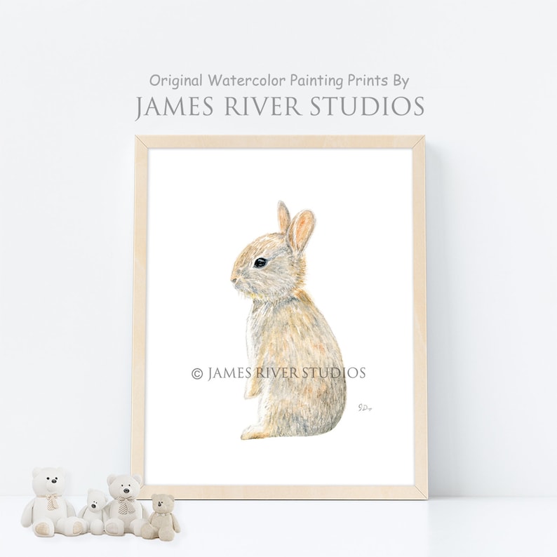 May include: A watercolor painting of a light brown bunny rabbit standing on its hind legs. The bunny is facing to the left and has a white background. The painting is framed in a light wood frame. The text "JAMES RIVER STUDIOS" is printed below the bunny.