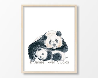 Panda Art Panda Painting Panda Print. Panda Watercolor Panda Baby Panda Nursery Art Mother Baby Painting Panda Cub Panda Decor Childrens Art