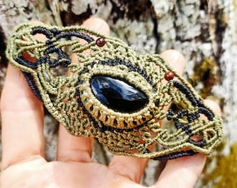 Smoked obsidian medieval macramé bracelet