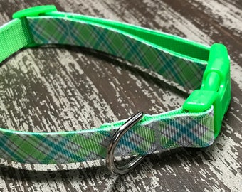 BLUE & GREEN PLAID / Adjustable Nylon Webbing Ribbon Dog Collar