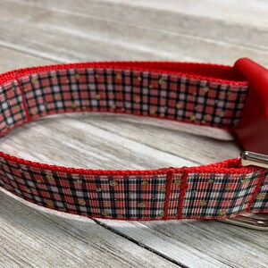 RED PLAID with GOLD Glitter Dots / Adjustable Nylon Webbing Ribbon Dog Collar