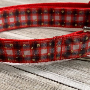 Adjustable Nylon Webbing Ribbon DOG Collar- Hand Made - Red Checker Print with Glitter Gold Polka Dots