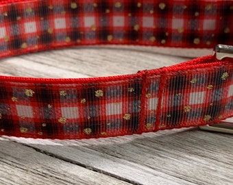 Adjustable Nylon Webbing Ribbon DOG Collar- Hand Made - Red Checker Print with Glitter Gold Polka Dots