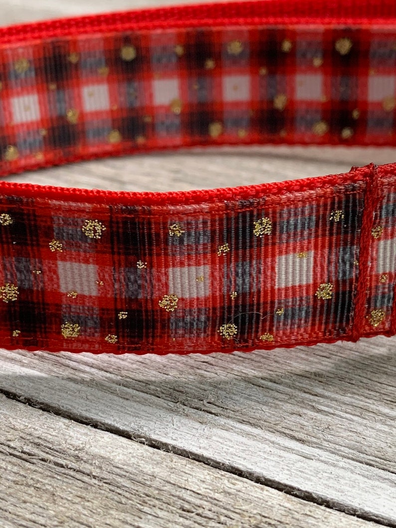 Adjustable Nylon Webbing Ribbon DOG Collar Hand Made Red Checker Print with Glitter Gold Polka Dots image 3