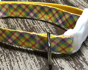YELLOW PASTEL PLAID / Adjustable Nylon Webbing Ribbon Dog Collar