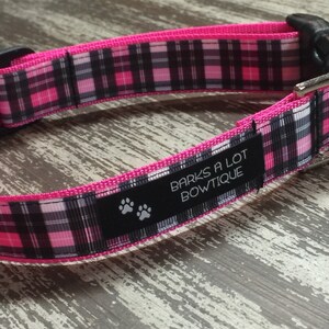 PINK & BLACK PLAID / Adjustable Nylon Webbing Ribbon Dog Collar