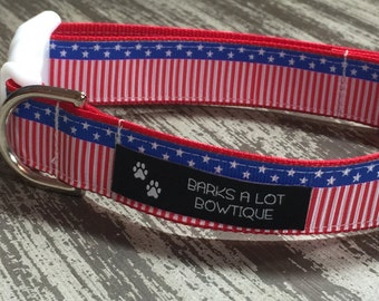 PATRIOTIC STARS & STRIPES / Adjustable Nylon Webbing Ribbon Dog Collar