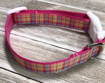 PINK PLAID / Adjustable Nylon Webbing Ribbon Dog Collar