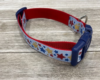 Red, Blue, & Gold STARS / Adjustable Nylon Webbing Ribbon DOG Collar