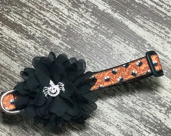 Adjustable Nylon Webbing Ribbon DOG Collar / Hand Made / HALLOWEEN Orange with Black Spiders