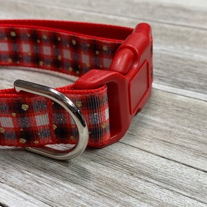 Adjustable Nylon Webbing Ribbon DOG Collar Hand Made Red Checker Print with Glitter Gold Polka Dots image 2