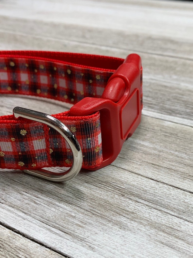 Adjustable Nylon Webbing Ribbon DOG Collar Hand Made Red Checker Print with Glitter Gold Polka Dots image 2