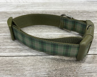 ARMY GREEN PLAID / Adjustable Nylon Webbing Ribbon Dog Collar