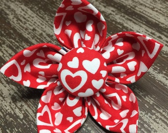 RED and WHITE HEARTS / Bow Tie, Flower, or Bandana Collar Attachment & Accessory for Dogs and Cats