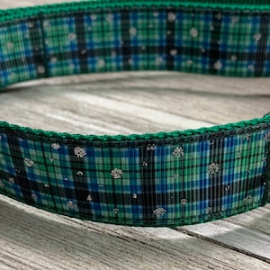 May include: A green, blue, and silver plaid dog collar with a green border.