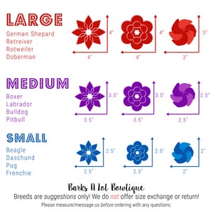 May include: A chart with three sizes of dog collars, labeled "Large", "Medium", and "Small". Each size is represented by a stylized flower with a different color and size. The chart also lists dog breeds that are typically associated with each size. The text "Barks A Lot Boutique" is at the bottom of the chart.