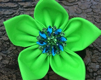 Flower Collar Attachment & Accessory for Dogs and Cats / Neon Lime Green Flower with Rhinestone Button