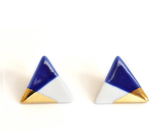 triangle studs, triangle porcelain earrings, royal blue and gold dipped studs, blue and gold studs