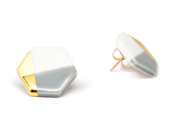 hexagon studs in gray, porcelain earrings, gold-dipped, free shipping