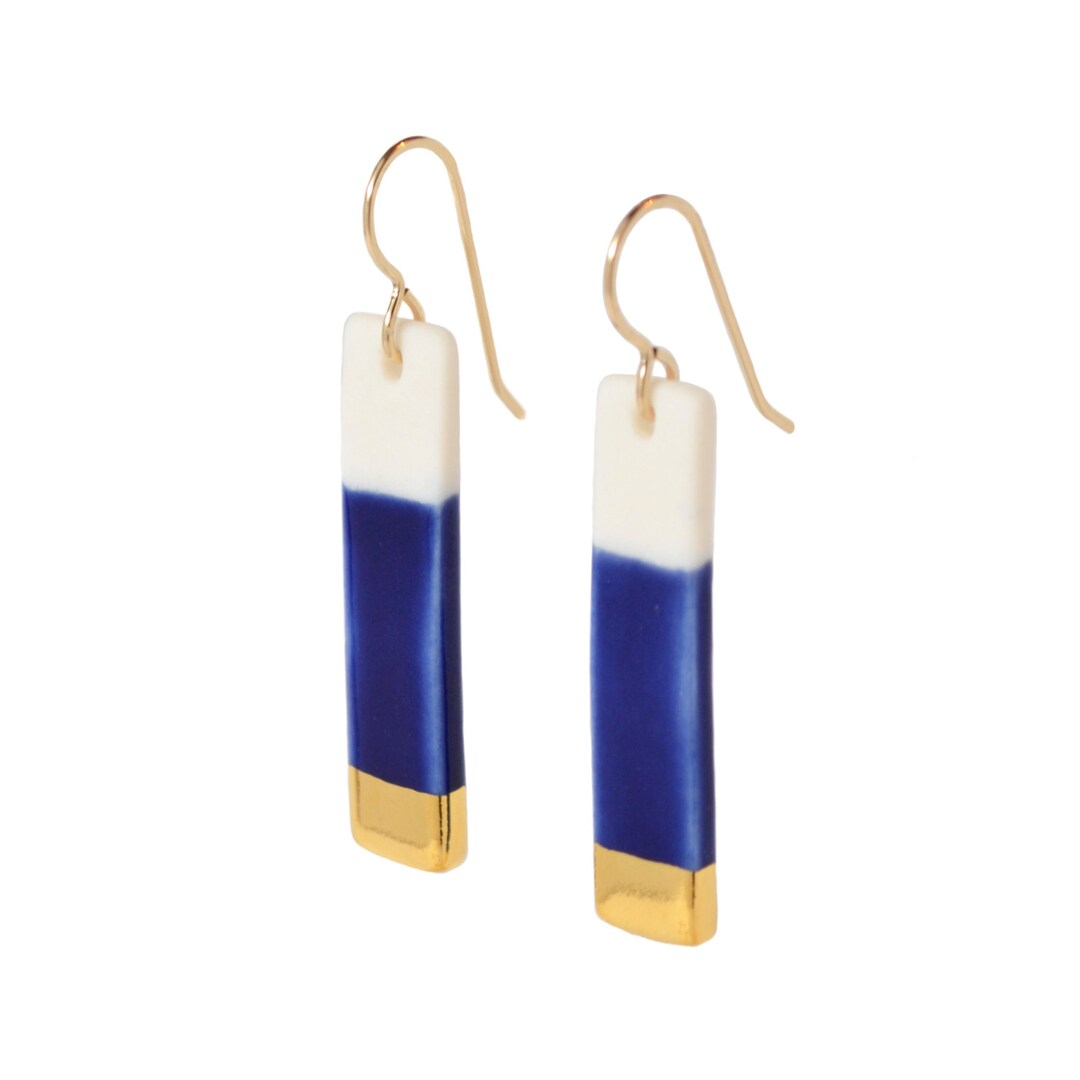Bar Earrings in Royal Blue, Porcelain Gold-dipped Earrings, Modern