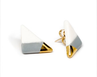 vertical triangle studs in gray, porcelain gold dipped earrings, modern jewelry, free shipping