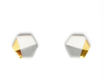 petite hexagon studs in gray, gold-dipped porcelain earrings, hexagon earrings in gray and gold