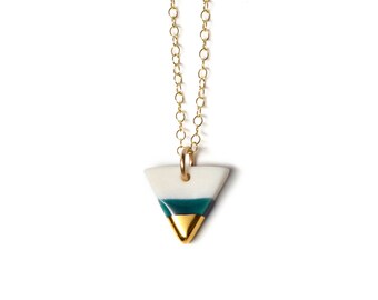 tiny teal triangle necklace, 14k gold dipped, modern porcelain necklace, tiny triangle necklace in teal and gold, free shipping