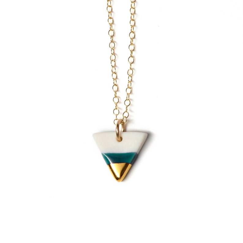 tiny teal triangle necklace, 14k gold dipped, modern porcelain necklace, tiny triangle necklace in teal and gold, free shipping image 1