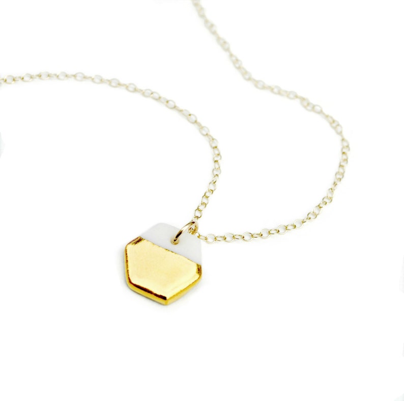 tiny porcelain hexagon necklace, gold dipped image 2