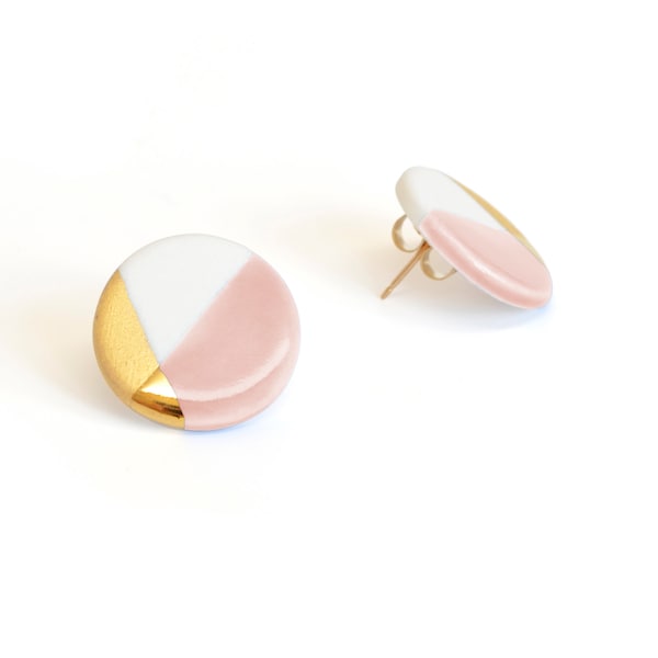 circle porcelain earrings in pink, gold dipped studs, stud earrings, free shipping