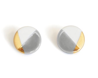 grey circle stud earrings in gray, gold dipped, free shipping on gray studs, gray earrings with free shipping