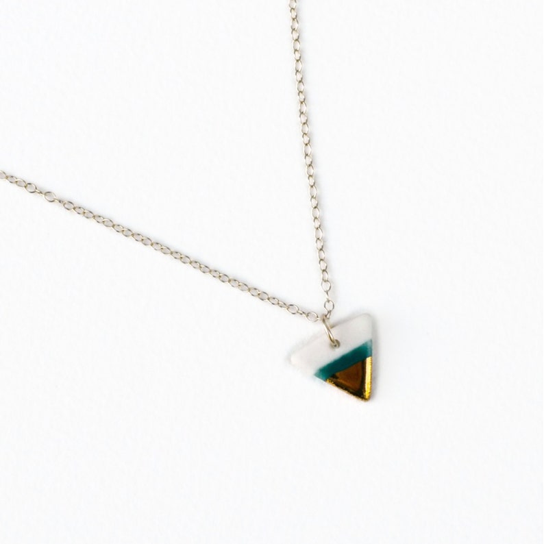 tiny teal triangle necklace, 14k gold dipped, modern porcelain necklace, tiny triangle necklace in teal and gold, free shipping image 2