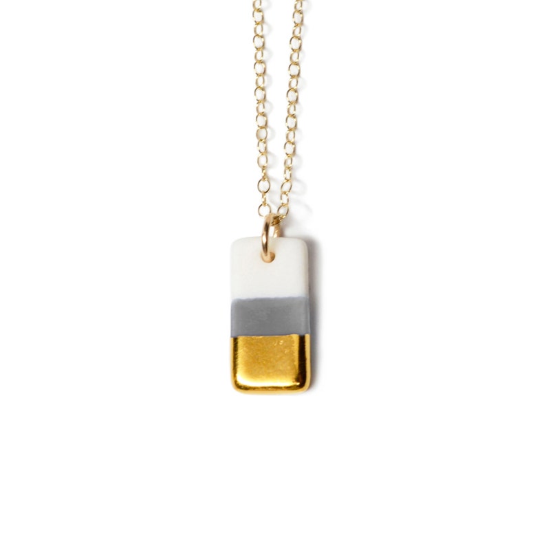 tiny grey rectangle necklace, gold dipped and grey necklace, grey and gold image 1