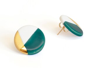 free shipping, circle porcelain earrings in teal, gold dipped, domestic free shipping, free international shipping