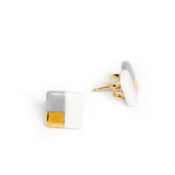 tiny square studs in gray and gold, modern porcelain earrings, free shipping