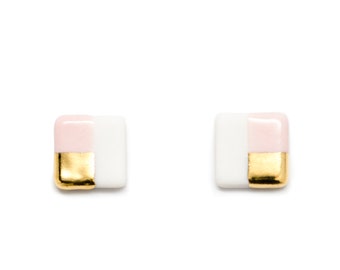 tiny square studs in blush pink, gold dipped porcelain earrings, free shipping