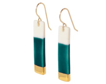 bar earrings in teal, porcelain gold-dipped earrings, modern, porcelain, 14k gold-filled earring, free shipping