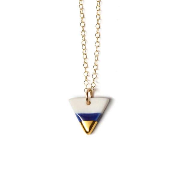 tiny porcelain triangle necklace, royal blue and gold dipped modern porcelain necklace