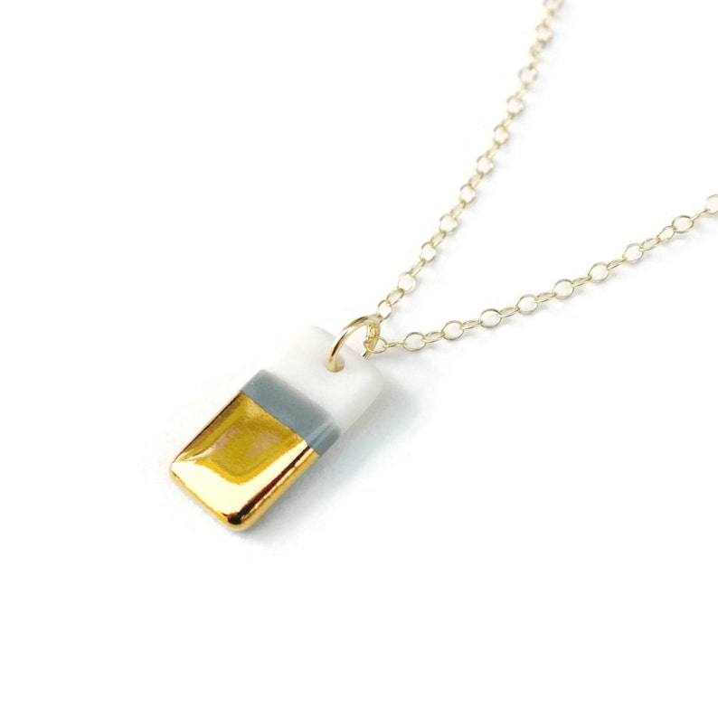 tiny grey rectangle necklace, gold dipped and grey necklace, grey and gold image 2