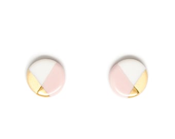 tiny blush pink circle porcelain earrings, tiny gold dipped porcelain earrings, petite circle earrings in blush pink and gold
