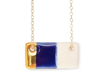 blue porcelain bar necklace, gold dipped and royal blue necklace, rectangle necklace, free shipping