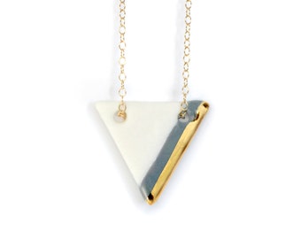 gray triangle porcelain necklace, handmade gold dipped porcelain necklace