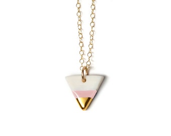 tiny pink triangle necklace, gold dipped, modern porcelain necklace, petite triangle necklace in blush pink and gold, free shipping
