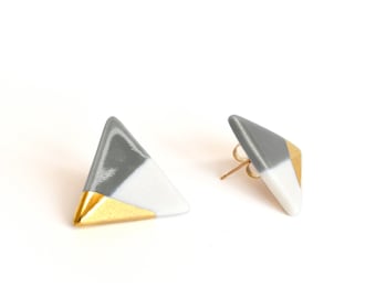 triangle earrings in gray, gold dipped, handmade porcelain earrings, triangle studs, free shipping, gray stud earrings